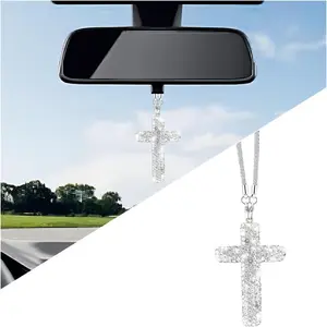 Bling   Ornament,   Rhinestone  Rear View Mirror Pendant,  Religious Rearview Mirror Decoration Charm, Universal Automotive Interior Accessories (White)