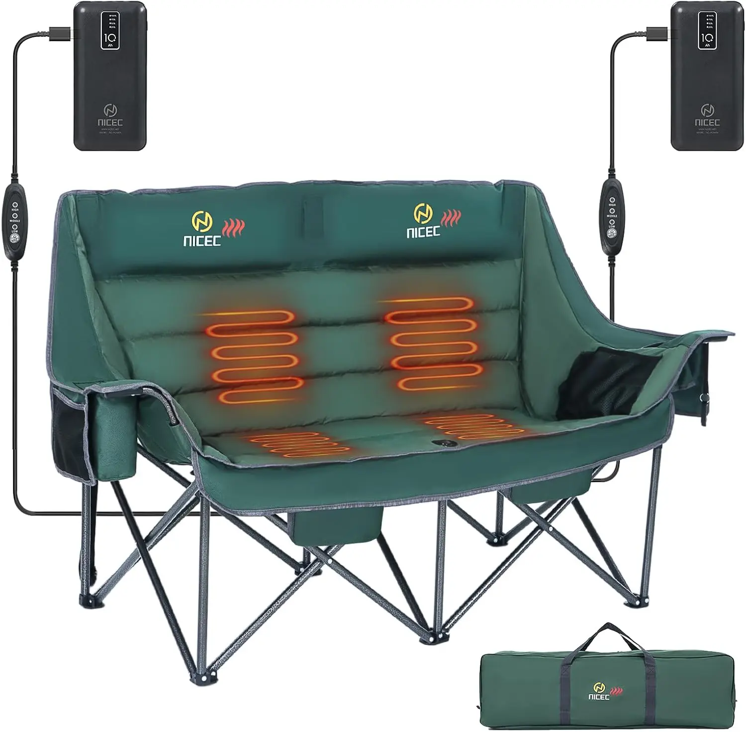 Outdoor Heated Camping Chairs for Autumn and Winter, Portable Folding Double - Person Heated Camping Sofa, Oversized Double - Person Seat with Thick Padding, Adult Heated Camping Chair, with Cooler Bag