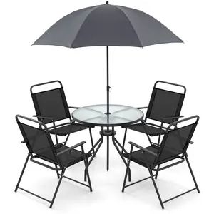 COSTWAY 6 Piece Folding Patio Dining Set, Outdoor Table Chair Set for 4, 31.5” Round Table & 4 Folding Chairs, Patio Umbrella Included, Indoor Outdoor Table Chair Set for Poolside, Balcony-COSTST