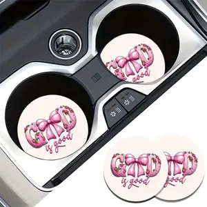 2 Pink Bow Letter "GOD is good" Pattern Coasters, Suitable for Car Cup Holders, Absorbent Non-Slip Car Interior Accessories, Sweet Faith Style Car Coasters