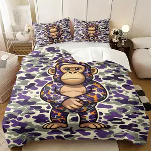 Purple Camo Baby Milo Duvet Cover Set,Includes 1 Duvet Cover and 1-2 Unfilled Pillowcases,Vibrant Streetwear Inspired Bedding Set,Bold Camouflage Pattern & Iconic Monkey Design,Perfect for Bedroom,Dorm Room,Guest Room Decor