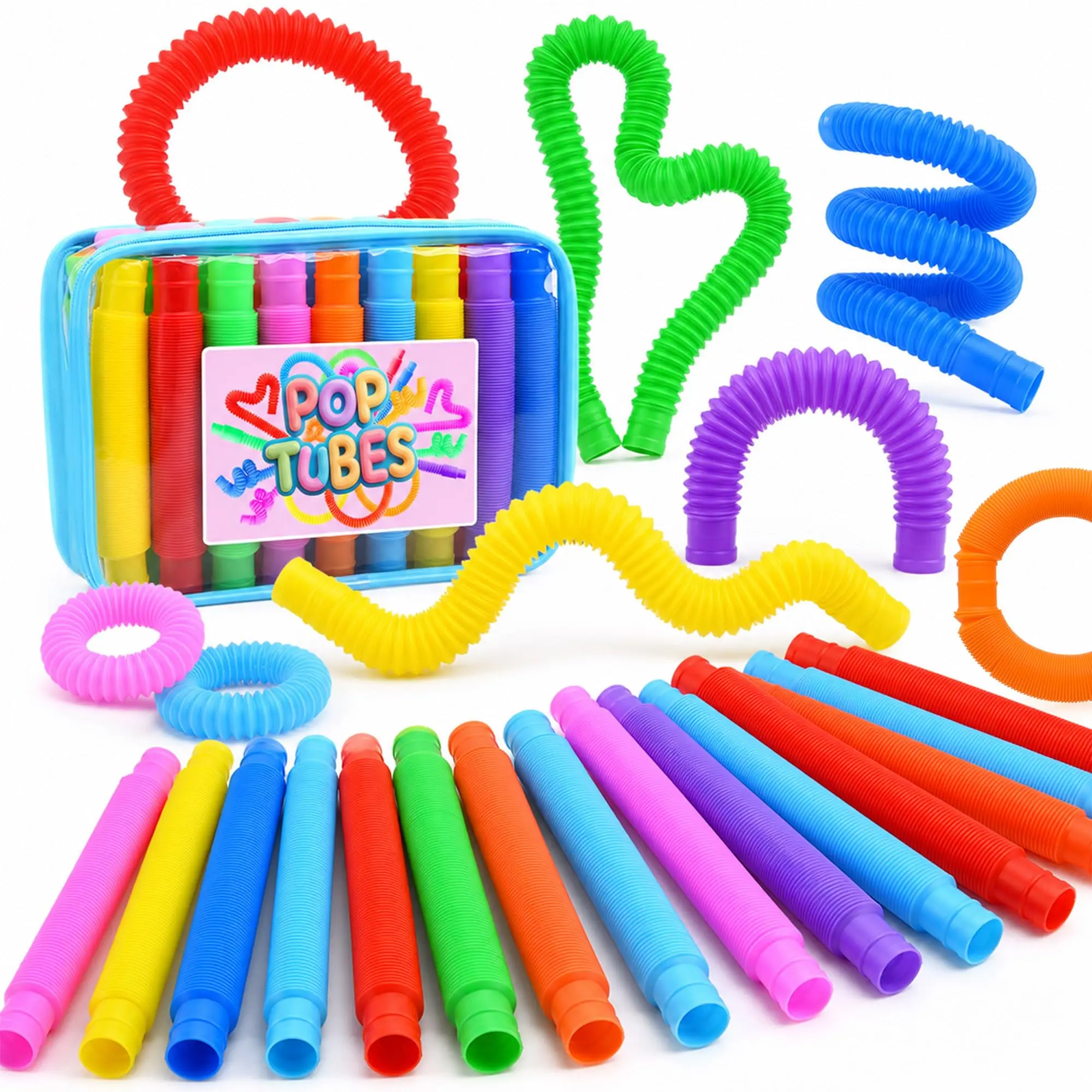 30PCS Pop Tubes Fidget Set Stress Relief Toys - Multi-Sensory, Playful Stress Relief Accessory, STEM Learning Tool, Party Favors, Classroom Rewards for Toddler Kids (10 Colors)