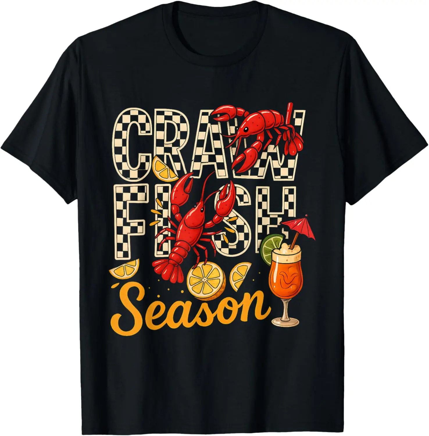 Crawfish Season Checkered Funny Crawfish Boil Lobster Cajun Graphic Print Shortsleeve Cotton T-Shirt