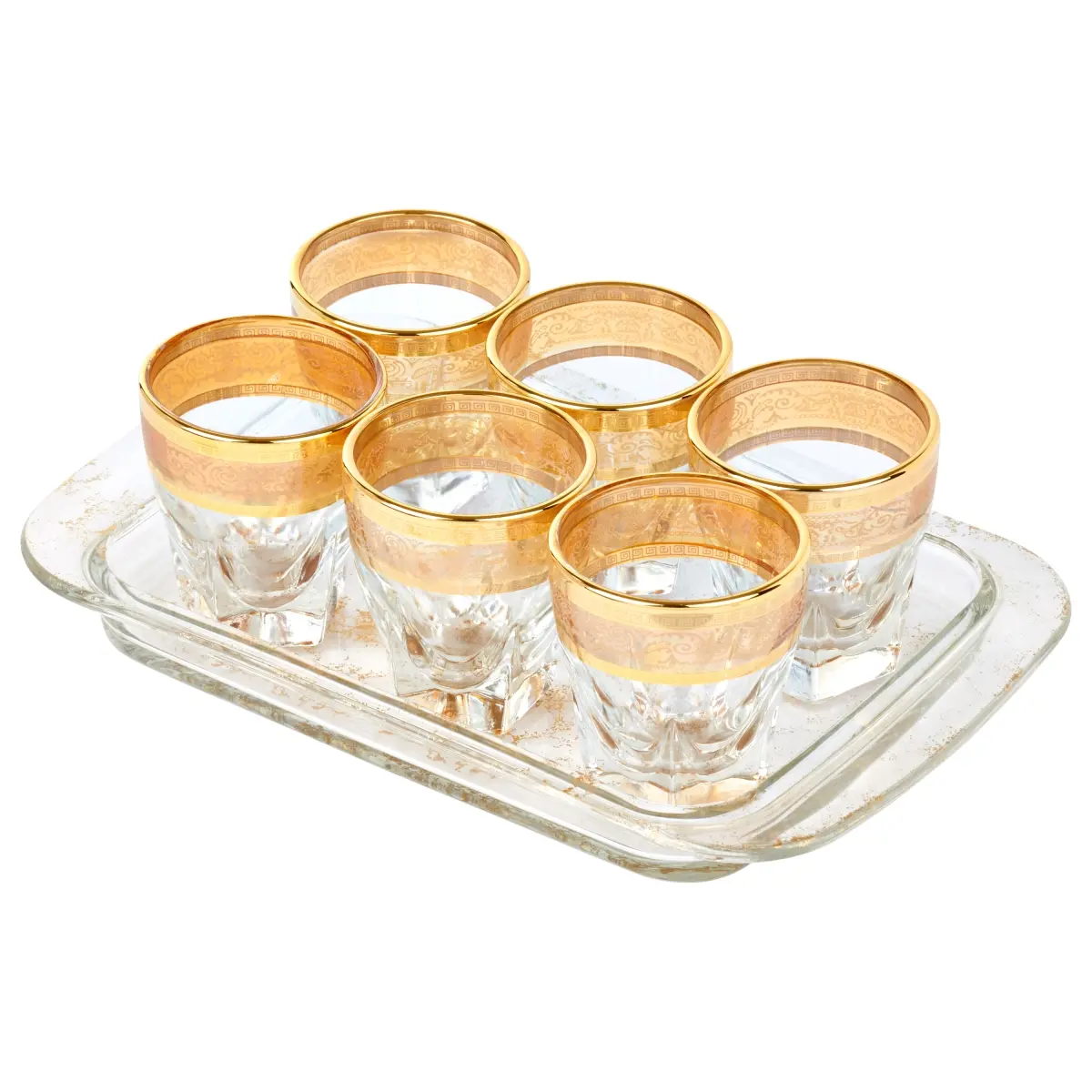212 MAIN 7-Piece Amber Glassware Dinner Set - 2-oz Shot Glasses with Floral Accent, Gold Band, Lorenzo Import 9444 Serving Tray, Gift Ready for Dinner Occasions, Glassware Dinner Sets