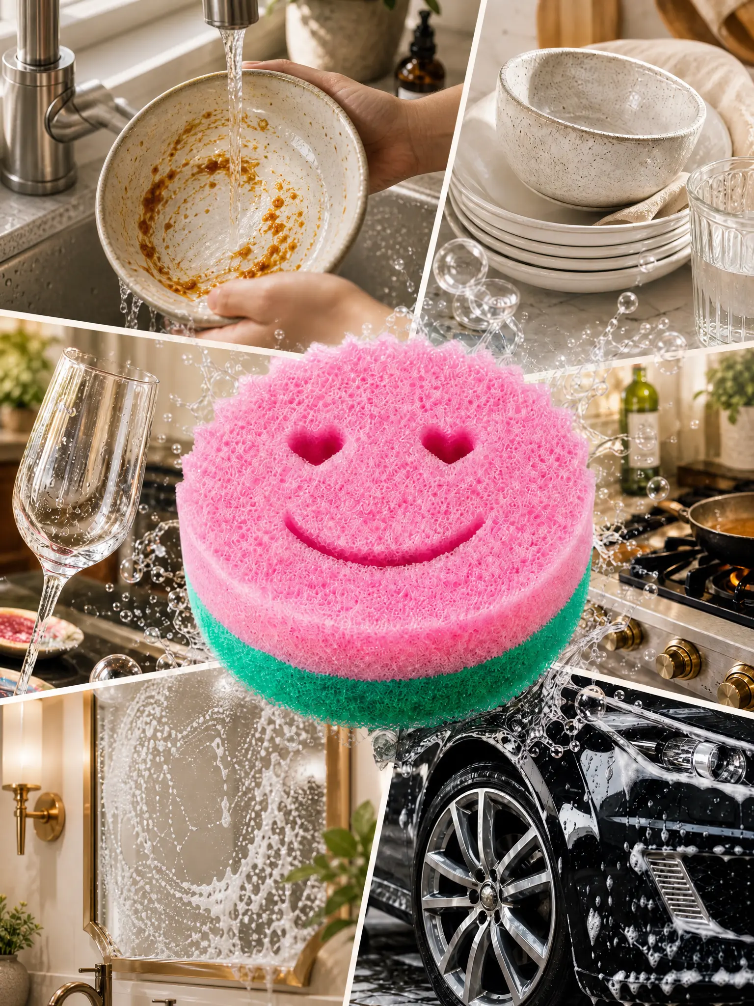 Cute Heart Eyes Smiley Face Temperature Sensitive Dual Sided Dish Sponge, Quick Dry Antimicrobial Kitchen Scrub Sponge