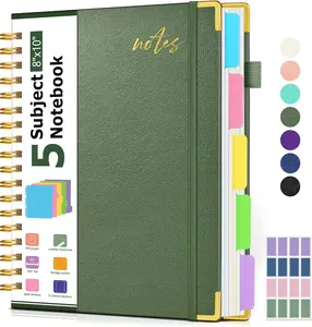 5 Subject Spiral Notebook Journal with Removable Dividers Tabs, 300 Pages Organizer Notebooks for Work School, 8"x10" Hardcover Leather Notebook College Ruled, Large Lined Journal for Women Men