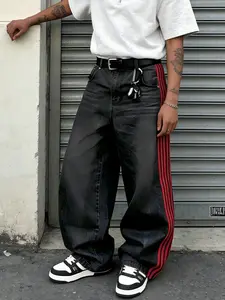 Men's Vintage Stripe Wide Leg Striped Jeans, High Street Washed Distressed Loose Fit Long Pants, Casual Fashion Denim Trousers