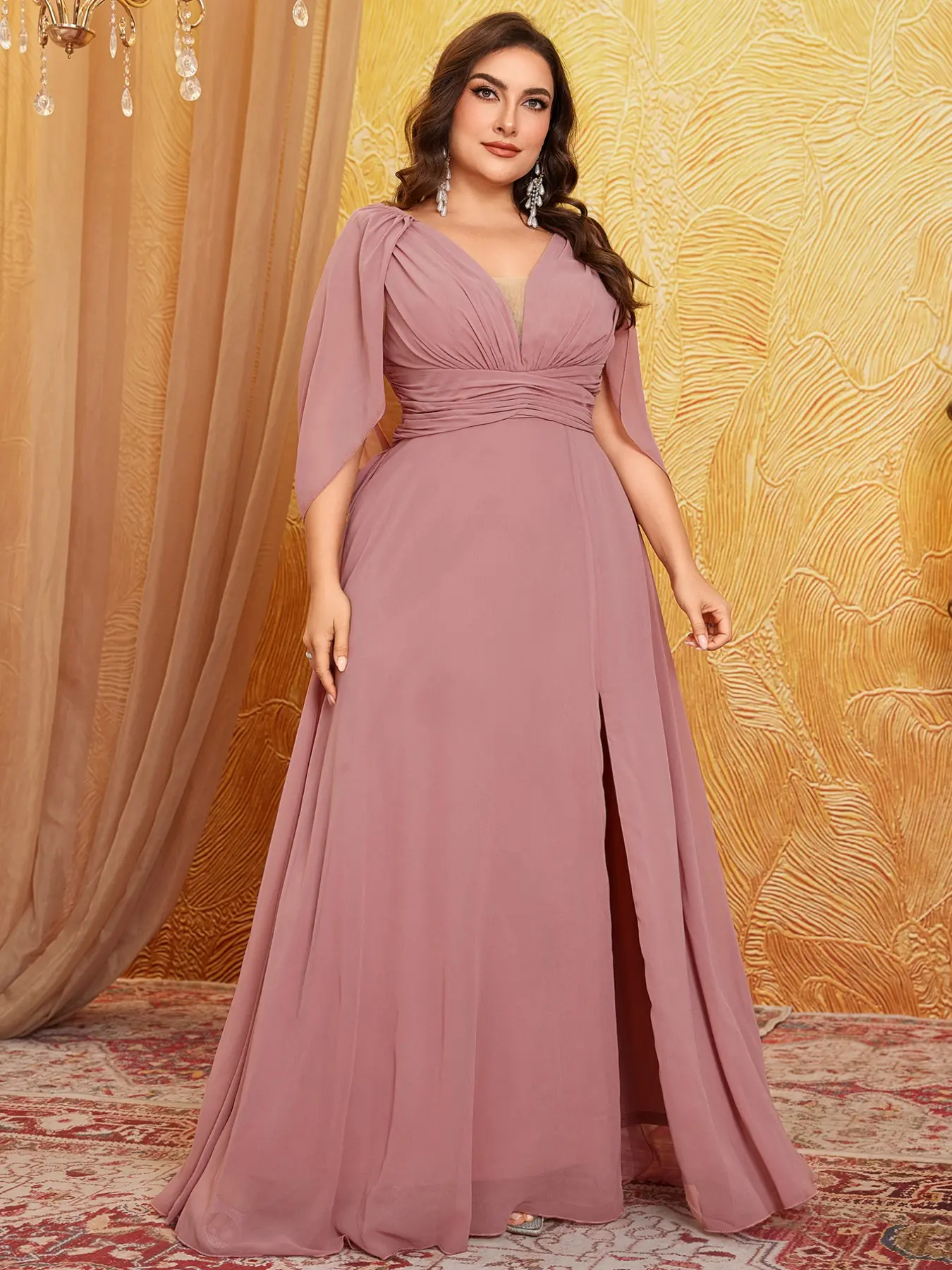 Elegant V-Neck Batwing Sleeve Dress, High Slit Waist Pleated Design, Perfect for Bridesmaids & Special Occasions, Comfortable Fit - TikTok Shop Elegant V-Neck Batwing Sleeve Dress, High Slit Waist Pleated Design, Perfect for Bridesmaids & Special Occasions, Comfortable Fit - TikTok Shop