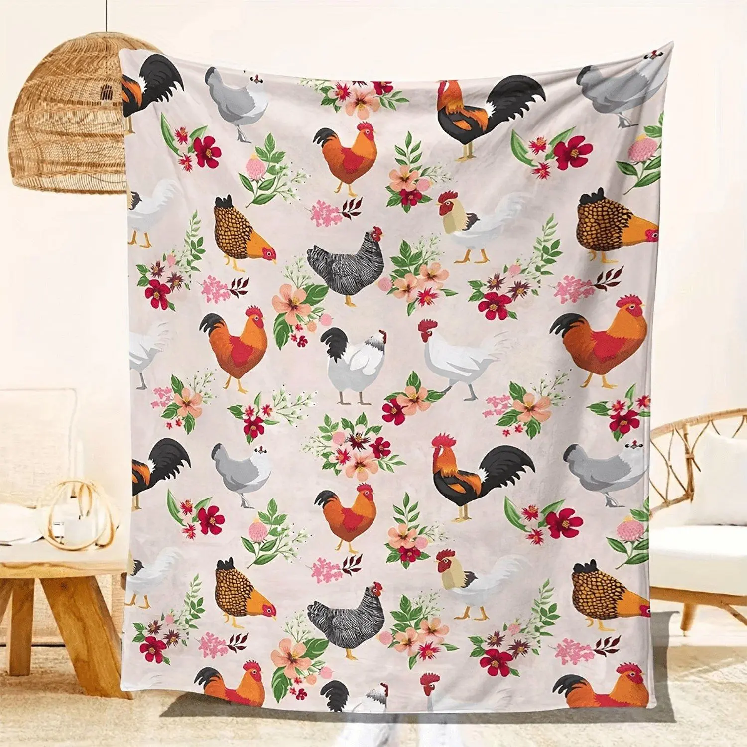 Cozy Chick Print Flannel Throw Blanket - Soft, Warm & All-Season Blanket for Couch, Camping, Office Naps & Outdoor Use - Colorful Chicken & Floral Print Design on White Background