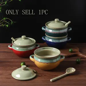 Double Ear Ceramic Ramen Bowl Soup Bowl with Lid Spoon, Kiln-Changed Pork Oil Jar, Ceramic Tableware for Noodles Porridge Rice Dishwasher Safe