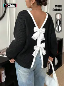 Women's Colorblock Bow Decor Contrast Binding Drop Shoulder Sweater, Elegant Long Sleeve Jumper for Fall & Winter, Fashion Ladies' Knitwear for Daily Wear Tops, Knit Sweater Clothing