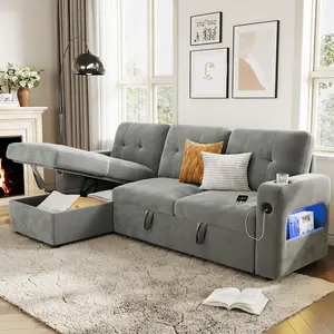 Garvee 84 Inch L-Shaped Sleeper Sofa Couch with Convertible Pull-Out Bed, Storage, Charging Station, LED Lights; Modern Velvet Sectional Sofa in Light or Dark Grey for Living Room and Apartment