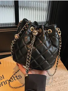 Women's Quilted Leather Fashionable Bucket Bag with Metal Chain Drawstring Crossbody, Fashion Evening Party Casual Handbag