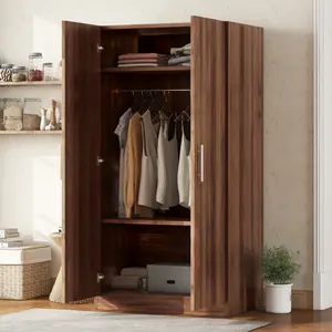 Wooden Wardrobe Armoire with 2-Door and 3 Storage Shelves, Brown