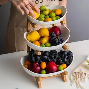 Multi-Tier Fruit Basket with Wooden Bamboo Stand - European Style Colorful Plastic Bowl Set, Living Room Essential, Durable Reinforced Organizer, Perfect for Fruits/Snacks/Cakes, Ideal for Weddings & Parties