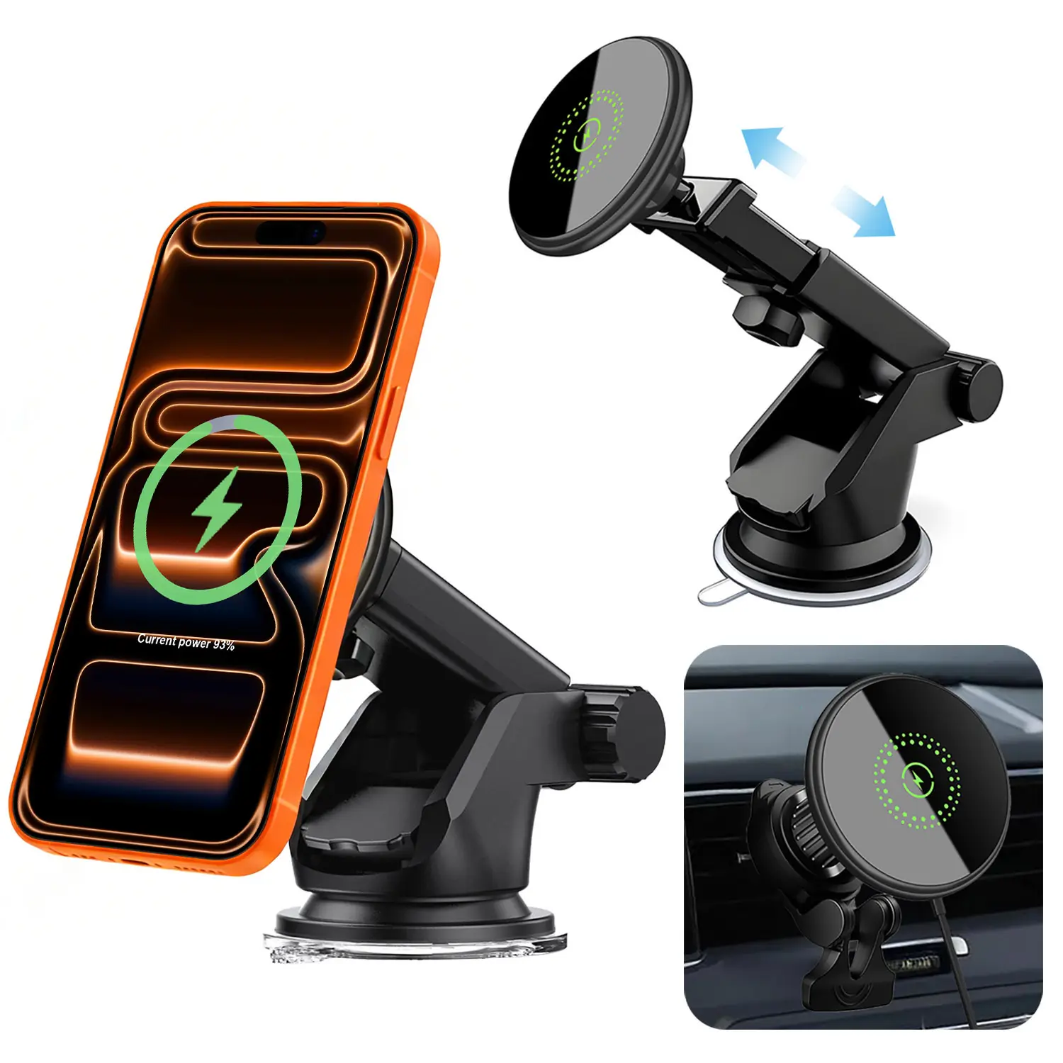 Magnetic Wireless Car Phone Charger Holder - 360° Rotatable Extendable Arm Suction Mount for Dashboard, Windshield, Driving - Cars Accessories for iPhone 17 Pro Max, 16, 15, 14, 13, 12, Phone Holder For Car