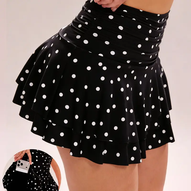 Women's Sporty Short Skort, Fashion Skorts, Sexy Polka Dot Ruffle Hem, Fitted Natural Waist, Cute Spring Fall Style, Anti-Exposure Design, Athletic Tennis & Workout Skirt