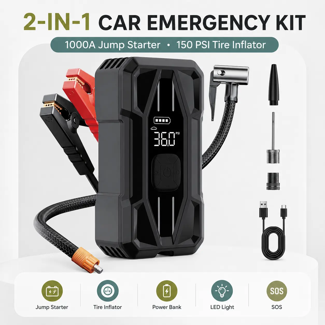 2-in-1 Car Emergency Kit, 1000A Portable Jump Starter with 150 PSI Tire Inflator, 10000mAh Power Bank, LED Light and SOS Emergency Light for Road Trips air pump display digital battery pack inflation fast voltage car Battery Charger with LCD Display
