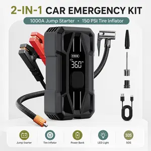 2-in-1 Car Emergency Kit, 1000A Portable Jump Starter with 150 PSI Tire Inflator, 10000mAh Power Bank, LED Light and SOS Emergency Light for Road Trips air pump display digital battery pack inflation fast voltage car Battery Charger with LCD Display