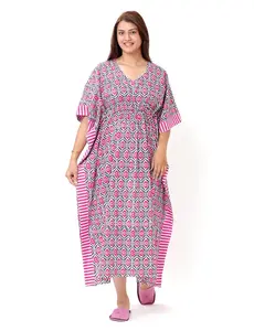 Women's Cotton Kaftan Dress – Free Size Floral Printed Long Kaftan for Casual Wear – Soft & Breathable Relaxed Fit