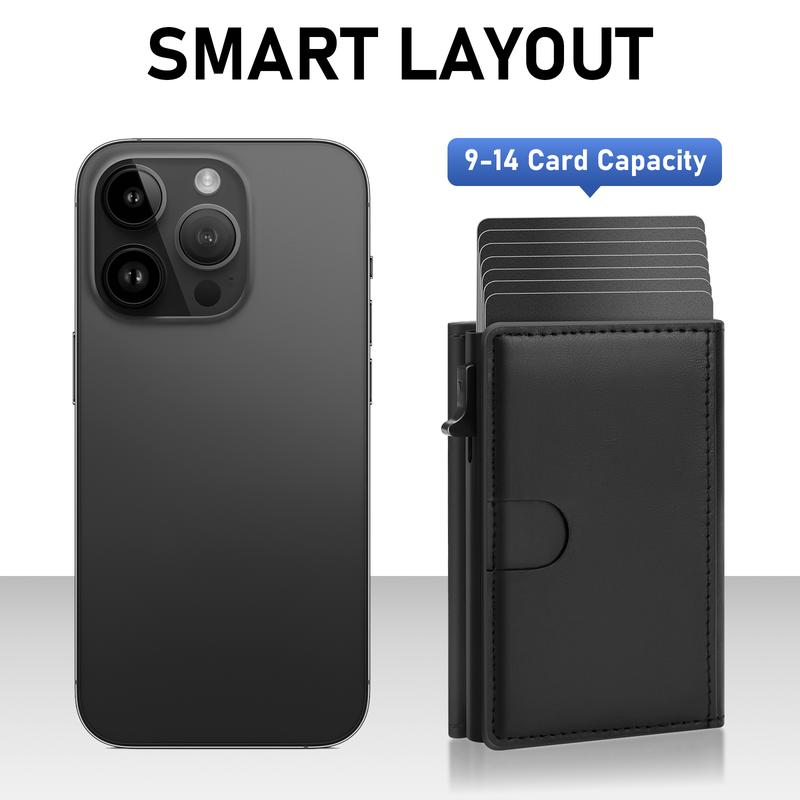 Men's Leather Slim Wallet Compact Design for Cards and Cash One-click to Pop up RFID Blocking 9-14 Card Capacity ID Window Gift for the husband on Valentine's Day