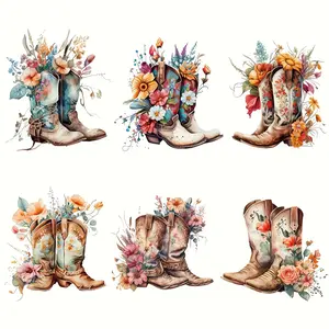 6pcs Vibrant Cowboy Boot & Floral Design Iron-On Patches, Multicolor Vinyl Heat Transfers for DIY Fashion, T-Shirts, Jackets, Jeans, Hoodies