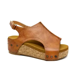 Women's Cognac Buckled Ankle Strap Wedge Sandals for Dressy Summer