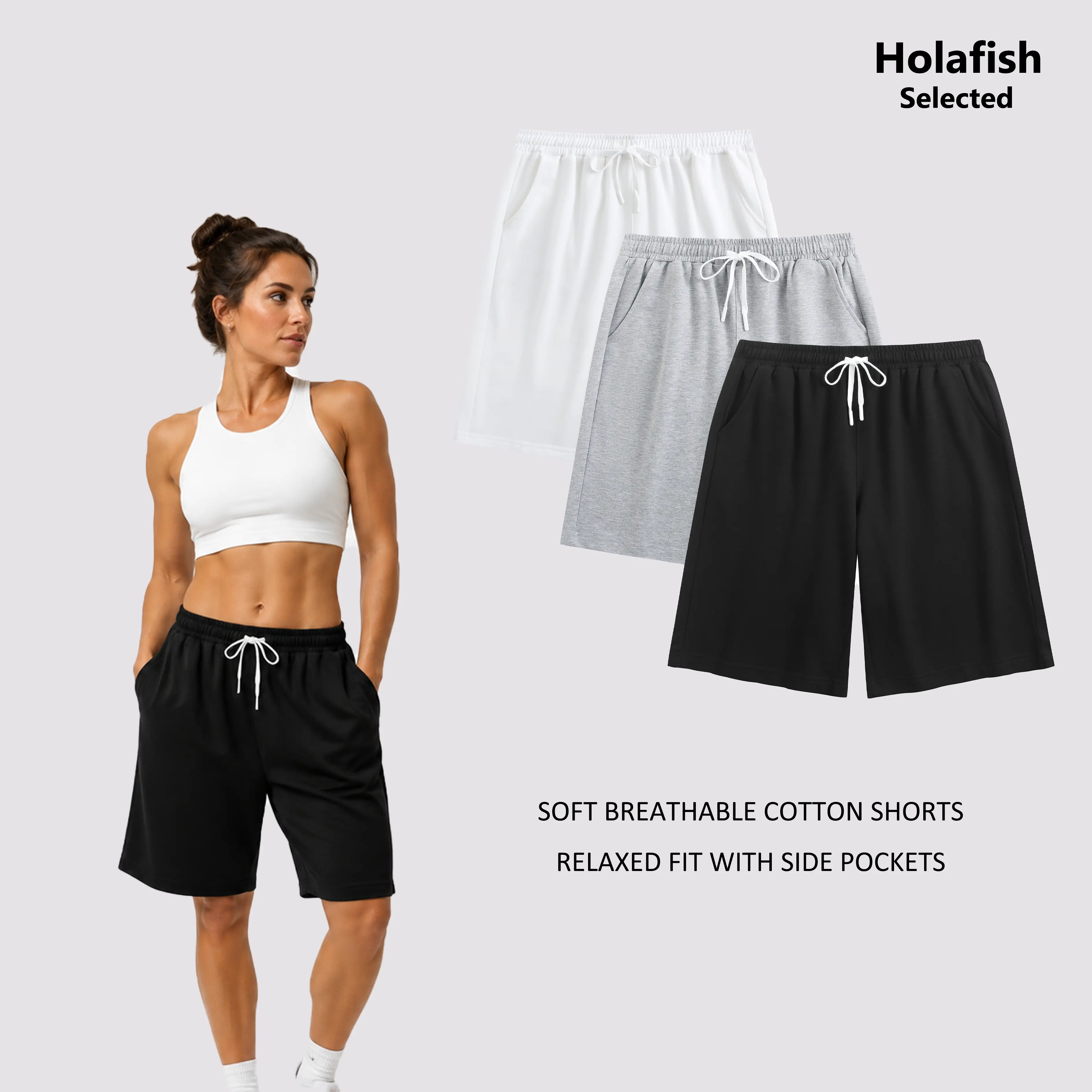 Holafish Women's Stylish Summer Shorts, Soft Breathable Cotton, Relaxed Fit with Side Pockets, Perfect for Lounging at Home or Chic Casual Wear Outdoors