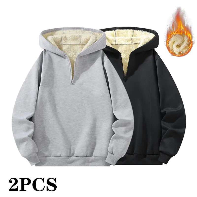 2-pack for autumn/winter: solid-color hooded sports sweatshirt with fleece lining and half zip, unisex — sporty, comfortable, warm; suitable for casual wear, gym, or leisure — machine washable polyester fiber — loose fit hoodie for casual wear | Loose-fit
