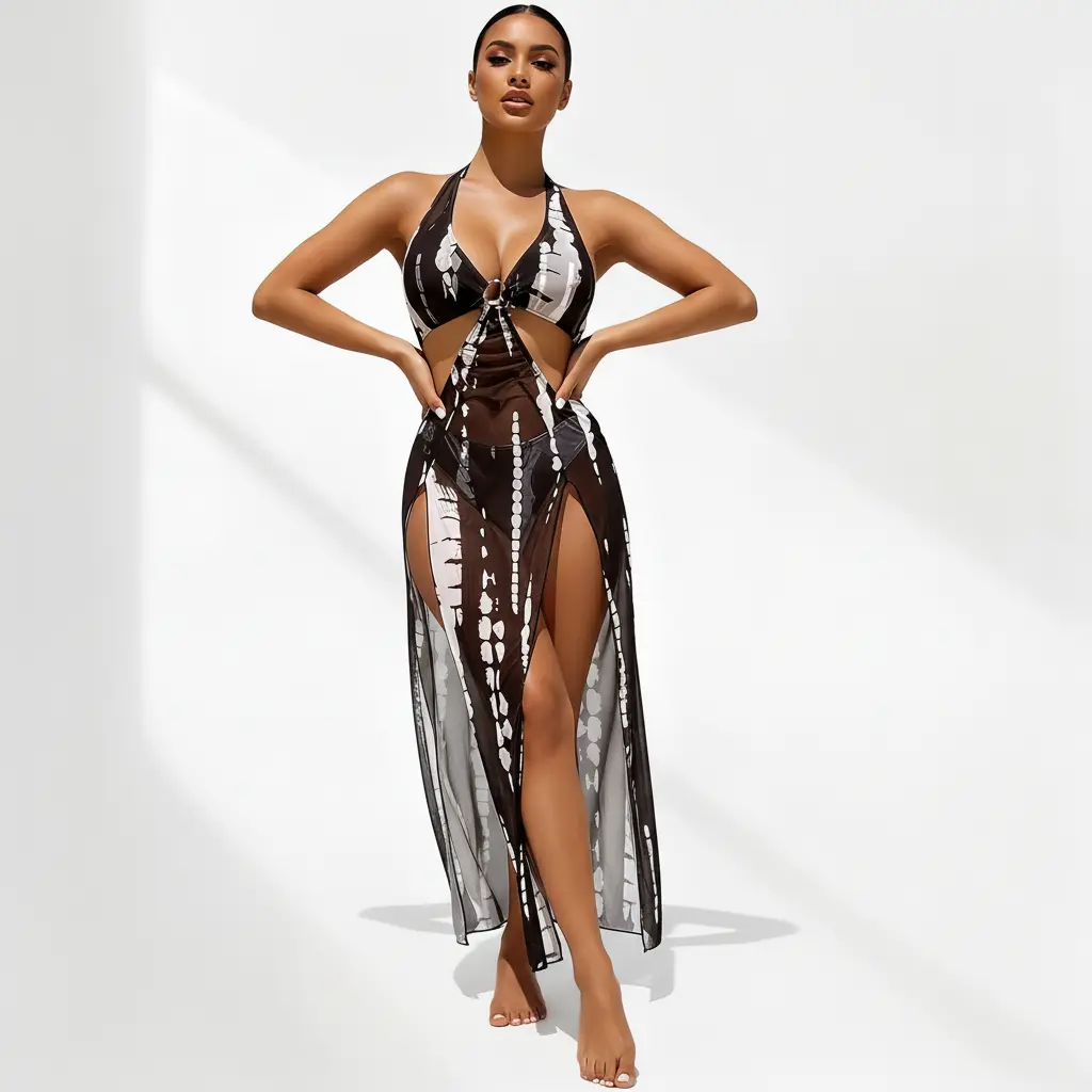 Women's 2-Piece Tie-Dye Halter Back-Cutout Bikini Set with Built-In Maxi Cover-Up for Swimwear, Surfwear Activities, Plus Size Brazilian Shapewear Bikinis, Halter Bikini Sets, Back-Cutout Bikinis Set