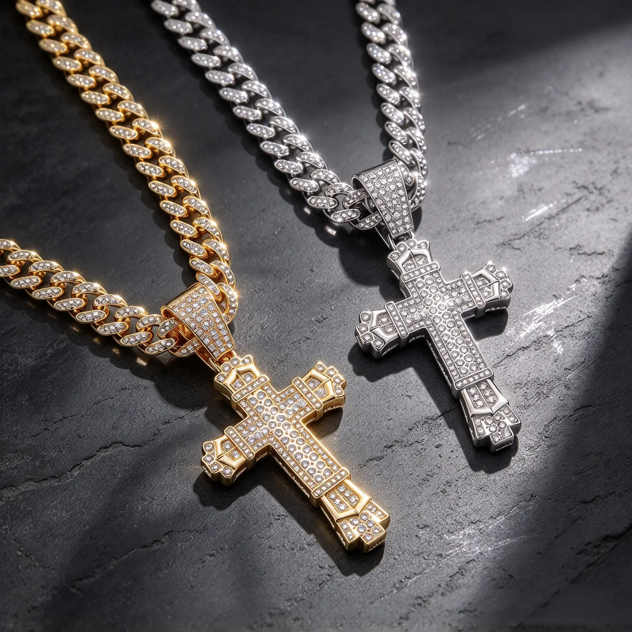 Men’s cross pendant necklace with full-cut cubic zirconia, hip-hop Cuban chain accessory with a religious vibe, available in gold and silver, sparkling zircon Cuban chain street jewelry