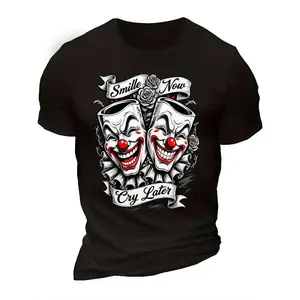 Smile Now, Cry Later Clown Mask Graphic Tee - A black humorous street shirt for both men and women, featuring a comedy tragedy mask, rose, and flag print on a pure cotton super soft breathable blend, lightweight and easy to wear