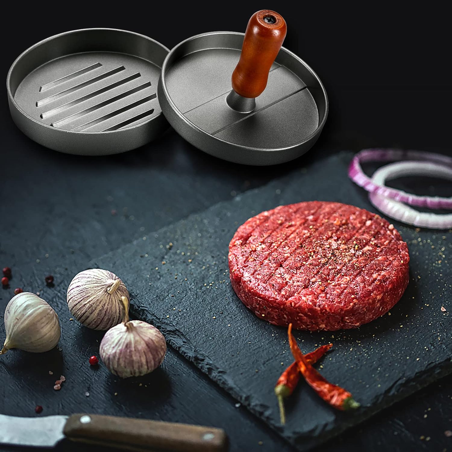 Single Non-Stick Burger Press Patty Maker - Smooth, Lightweight, Sturdy Kitchenware Utensil for Outdoor Grill, Backyard Barbecue, Griddle Cooking, Handheld Labor-Saving Meat Shaper for Uniform Thickness Beef, Cheese, Veggie Patties, Grill‑Ready Tool