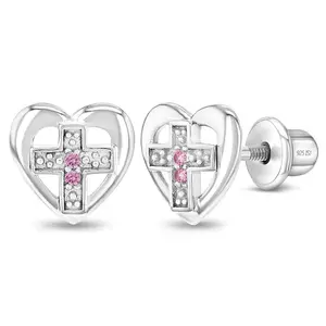 Love of God Heart Cross Kids / Children's / Girls Earrings Screw Back - Sterling Silver