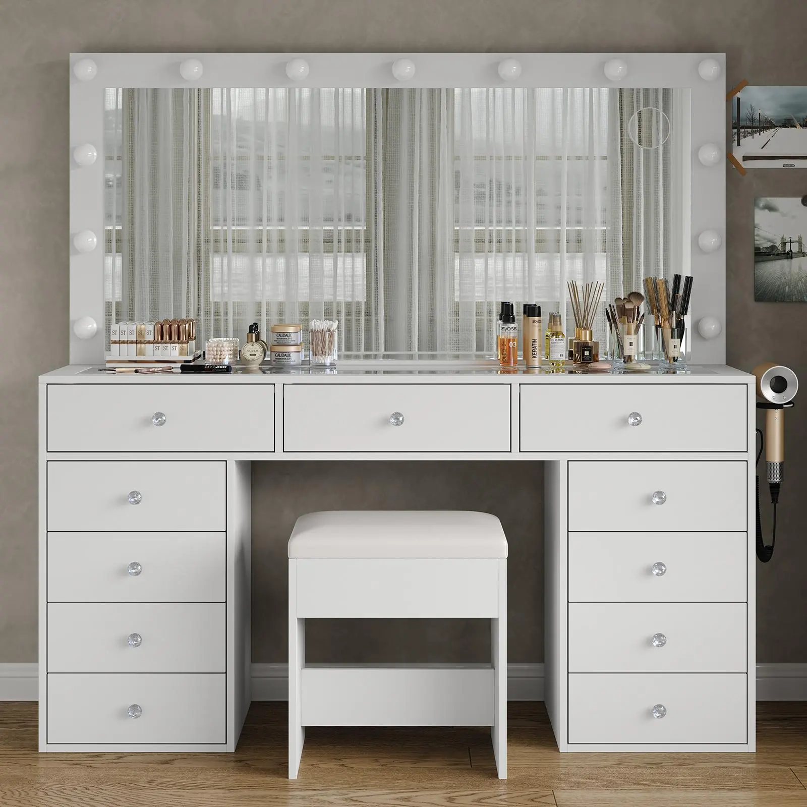 FUSOU 55"W 11 Drawers Makeup Vanity with Charging Station Vanity Desk with 13 LED Bulbs and HD Mirror,  [Shipping By 2 Packages],3 Color Brightness Adjustable, Glass Top Vanity Set for Bedroom, White,SummerVibe