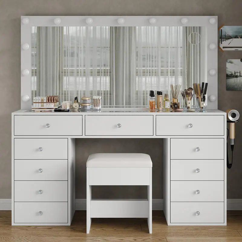 FUSOU 55"W 11 Drawers Makeup Vanity with Charging Station Vanity Desk with 13 LED Bulbs and HD Mirror,  [Shipping By 2 Packages],3 Color Brightness Adjustable, Glass Top Vanity Set for Bedroom, White,SummerVibe