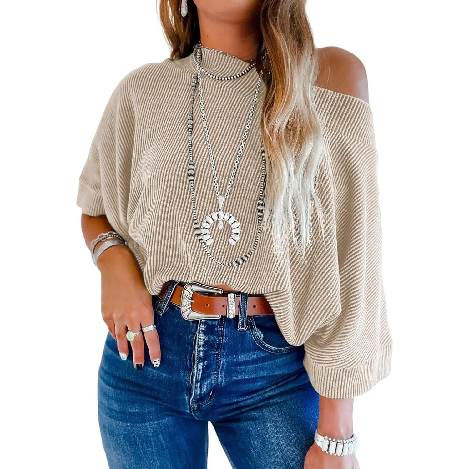 Sexy Off The Shoulder Tops for Women 3/4 Length Sleeve Womens Tops Spring Summer 2026 Boat Neck One Shoulder Shirts