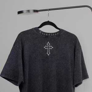 JJBA Jesus Acid Wash Pump Cover Oversized Fit 100% Heavyweight Cotton 240GSM Short Sleeve Crew Neck Casual Streetwear Top with 3D Embroidered Logos
