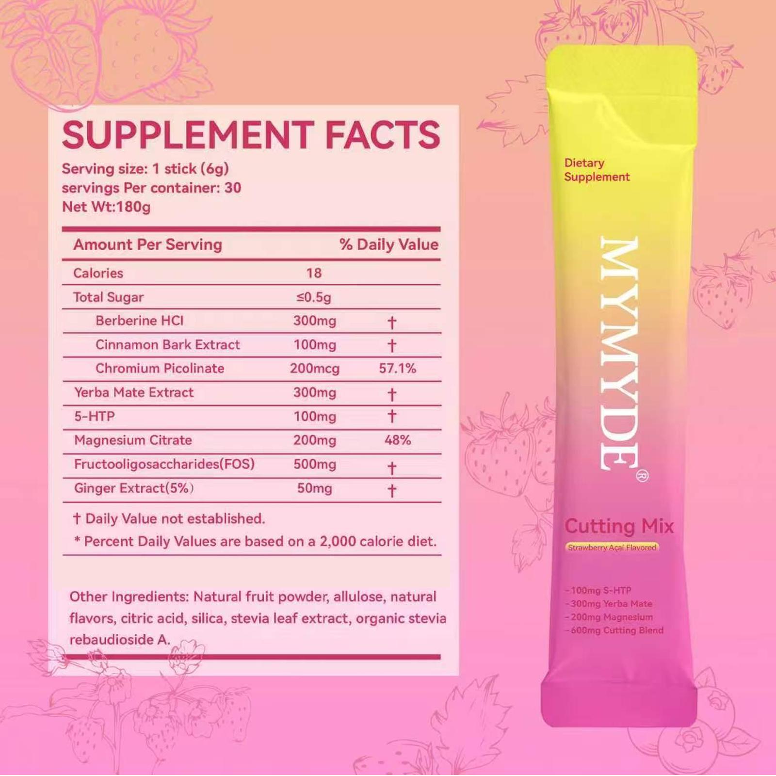 MYMYDE Cutting Drink Mix Berberine Chromium 5-HTPMagnesium Strawberry Agai Flavor 30 Servings HealthcareDietary Supplement for Fitness - Edible Optimum EdibleFitness Raspberry Tea Powder Lemonade Yerba Mate