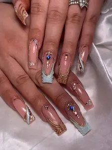 Glam 3D Gem Press On Nails/Handmade Gel Nails In Long Square/Glue On Nails/Summer Blue Nails/Birthday Wedding Vacation Nails/Gift for Her