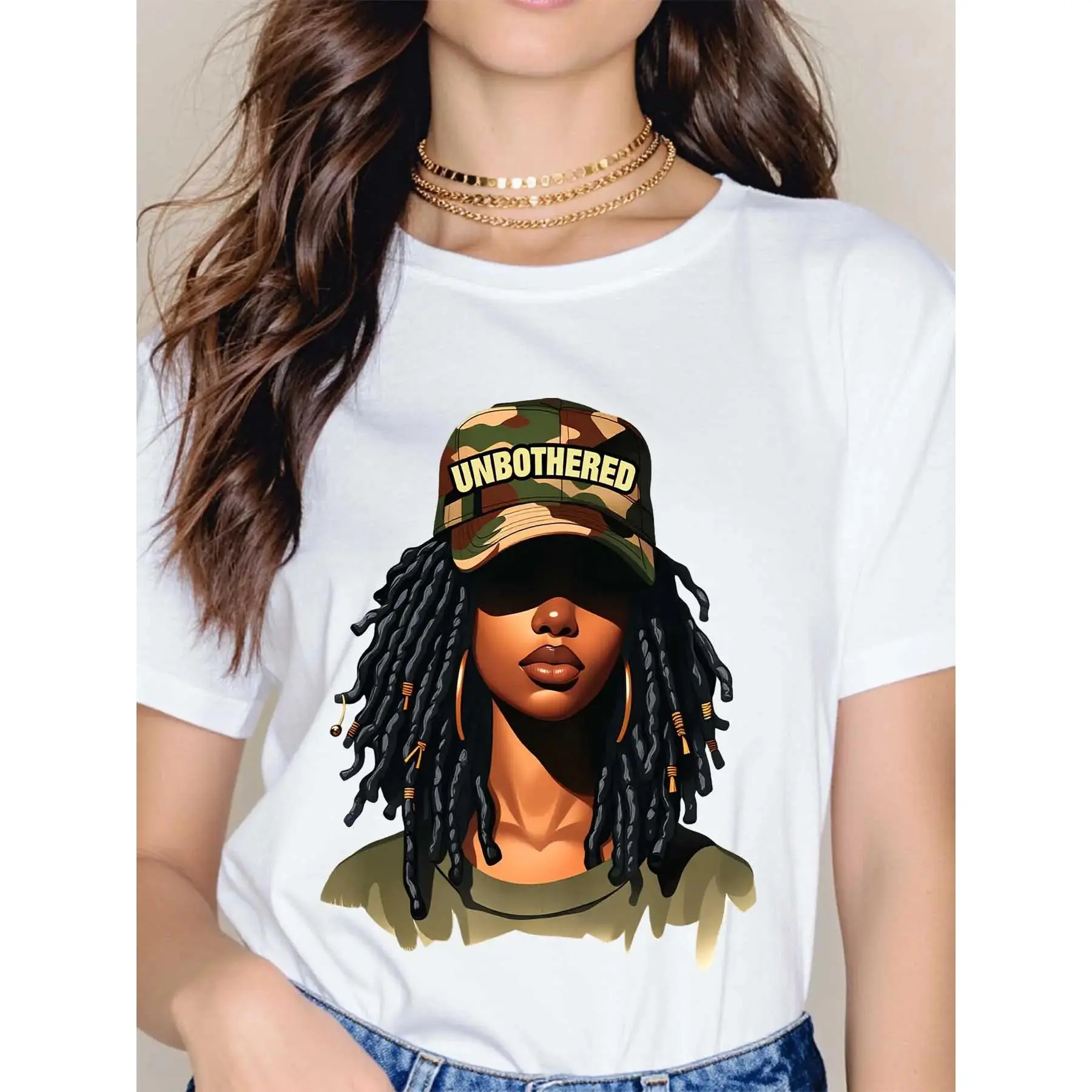 Women's Casual T-Shirt with "Unbothered" Lady Graphic Print, Short Sleeve Round Neck Streetwear, Sizes up to 2XL, Tshirt, Unbothered Girl Print