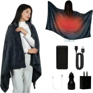 Cordless Heated Blanket with Hood USB Battery Powered Heated Wearable Blanket 9 Heating Zones 20000 mAh Power Bank 3 Levels Portable Heated Throw Shawl Warm Stone Gray