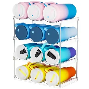 4 Tier Stackable Water Bottle Holder for Cabinet and Pantry- Large Compartment Water Bottle Organizer Rack for Wine Bottle and 40 oz Stanley Cup,Yeti and Tumbler Waterbottle Organizer Storage