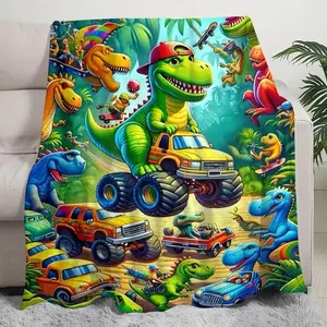 Prehistoric Creature Blanket Skin Friendly Velvet Surface Thermoregulating Fabric Multi Scenario Use Cartoon Dinosaur Print Ideal For Gifting Collecting
