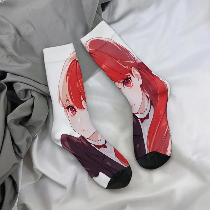 Red-haired, red-eyed, ponytail anime character mid-calf socks - casual, soft, and comfortable, a must-have for autumn and winter.