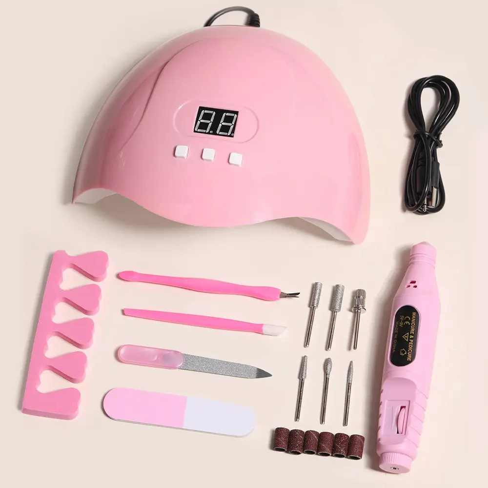 Nail Art Tool Set, Nail Art UV Lamp, Gel Nail Polish Glue Drying Machine, Electric Nail Drill, Electric Nail Drill Bits, Sanding Bands For Nail Drill, Dead Skin Fork, Dead Skin Pusher, Nail File, Finger Divider, Nail Design Kit