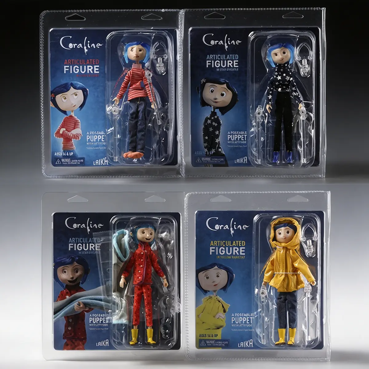 7-Inch Coraline Articulated Action Figure - Unisex Clothes (Striped Shirt, Star Sweater, Yellow Raincoat, Red Pajamas) 4 Styles, Movable Joints, Display Stand for Fantasy & Sci-Fi Stop-Motion Fans