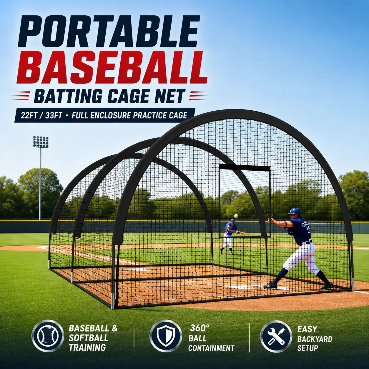 Baseball Batting Cage with Frame & Net - Heavy-Duty Enclosed Backyard Training Net for Hitting & Pitching Practice, Baseball/Softball & Golf - 33ft