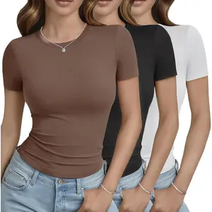 3 Pack Basic Tees for Women - Crew Neck Slim Fit Tight T Shirts Cute Y2K Trendy Crop Tops Clothes for Casual Summer