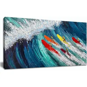 Coastal Canvas Wall Art for Living Room Large Blue Beach Hand Painted Oil Painting Ocean Wave Wall Art Colorful Surfer Artwork Textured Seascape Wall Decor for Bedroom Office Home Decor 20x40 Inch